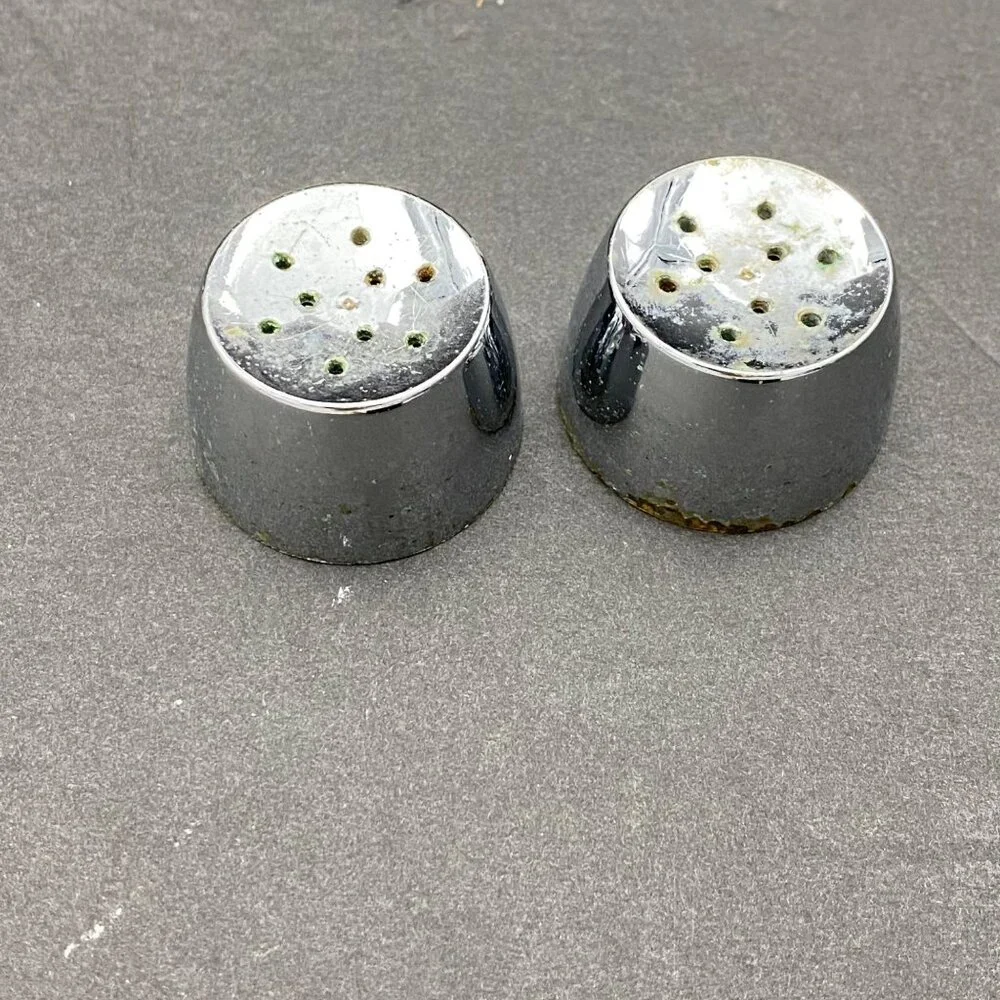 Vintage Crystal‎ Salt & Pepper Shakers With Chrome Tops Starburst Pattern MCM